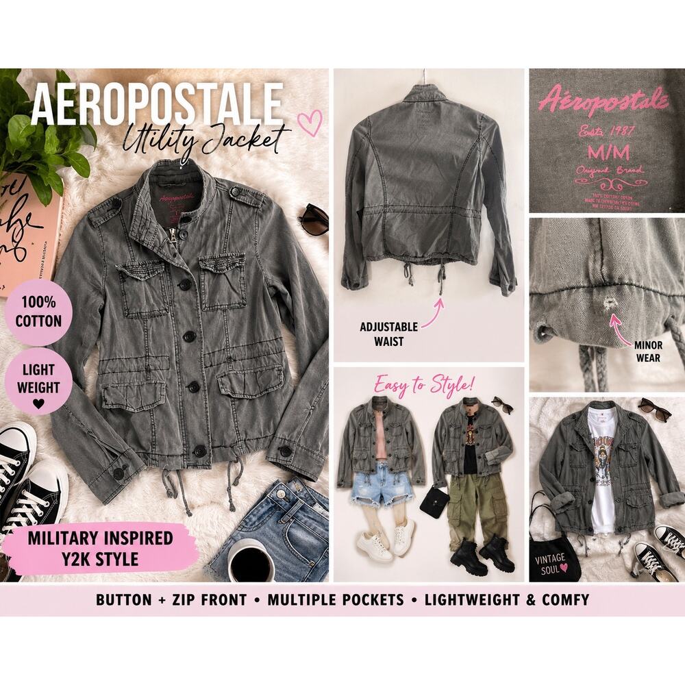 Aeropostale Gray Military Utility Jacket M 100% Cotton Y2K Cargo Bikercore